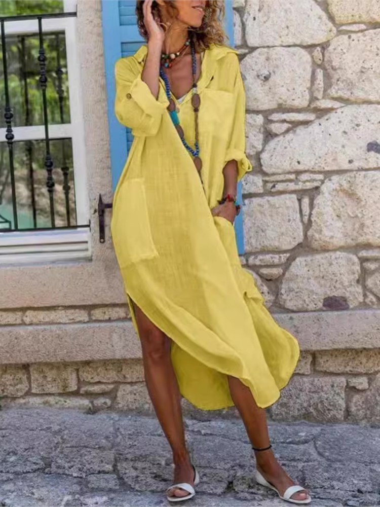 Biała damska sukienka koszulow – Casual Loose Linen Shirt Dress recenzja i cena
