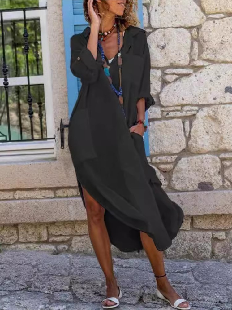 Biała damska sukienka koszulow – Casual Loose Linen Shirt Dress recenzja i cena
